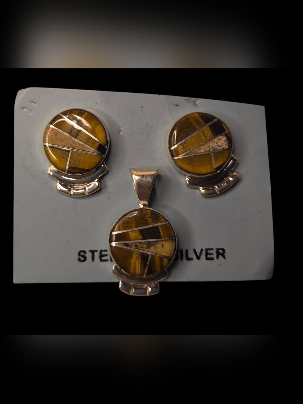 Sterling Silver Tiger's Eye Inlay Pendant and Earring Set - Brown RB
